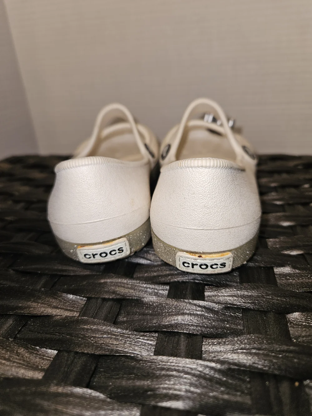 CROCS Girls Pearl White Mary Jane Flats with Crystal Flower Charm